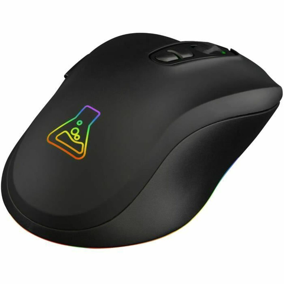 Ratón negro con logo de matraz de laboratorio e iluminación RGB.