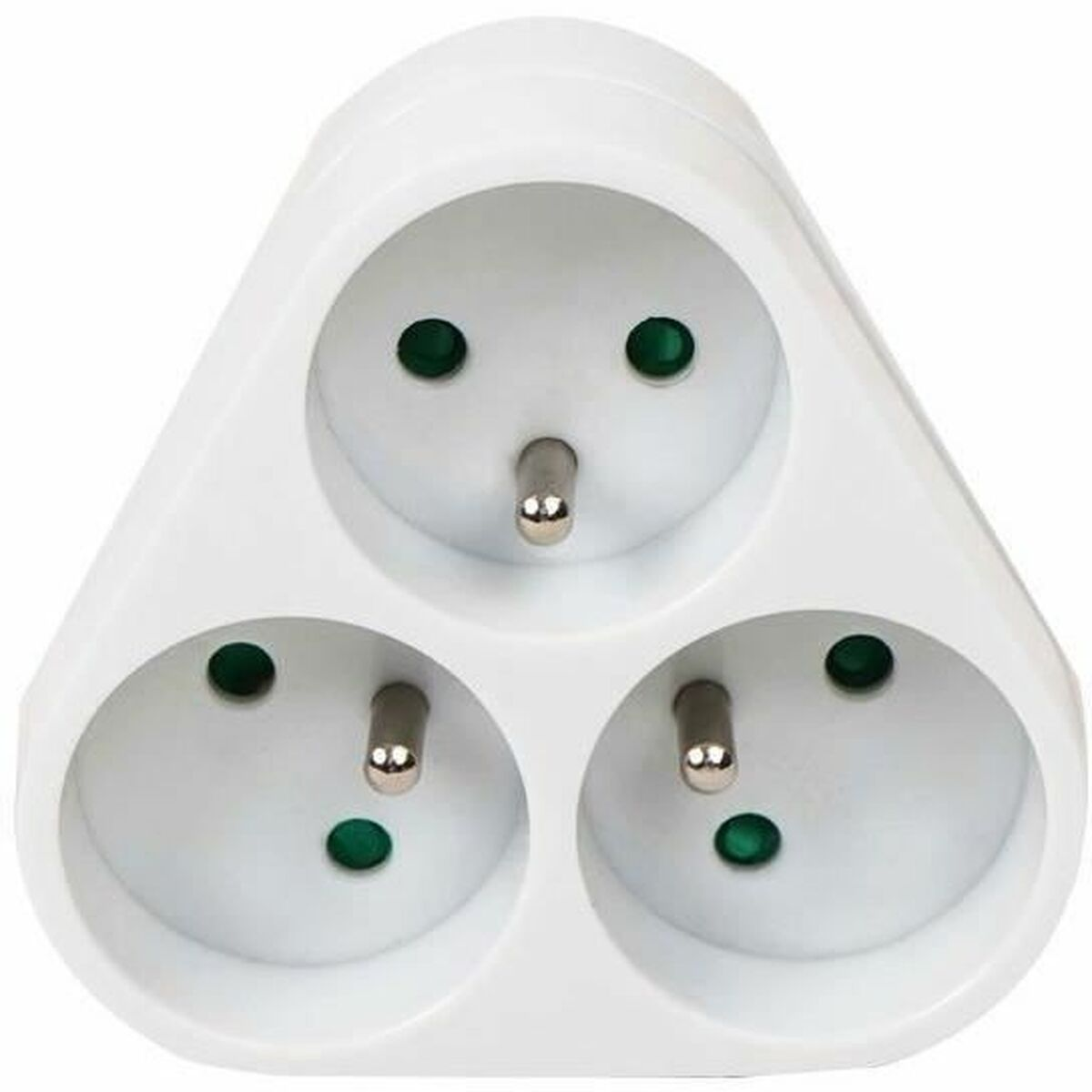 Ein weißer dreifach Steckdosenadapter mit grünen Ladeanzeigen.