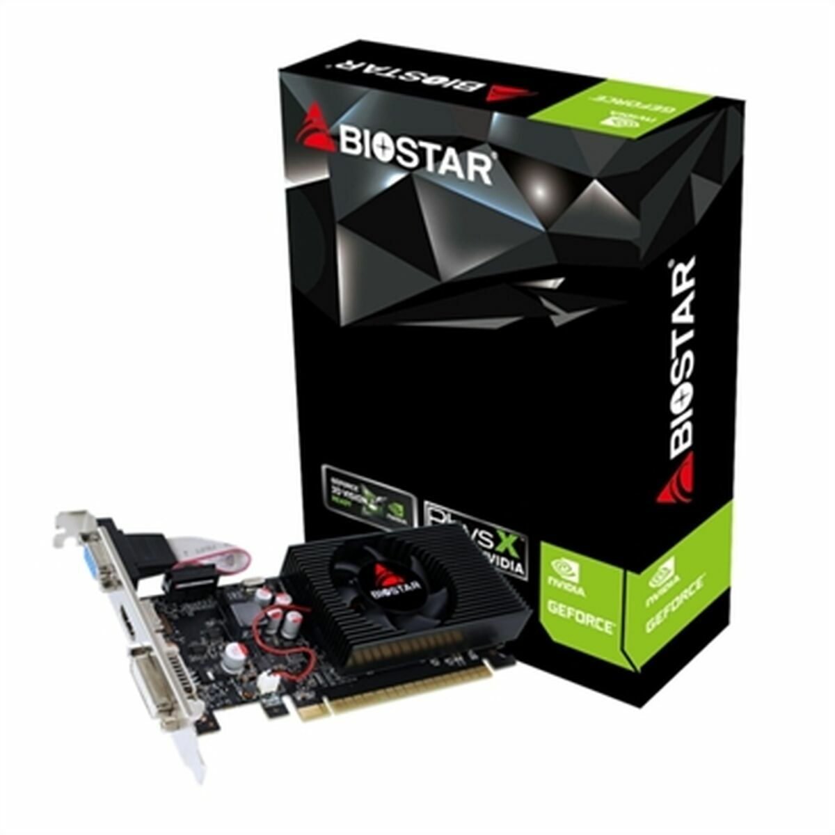 Karta graficzna i opakowanie z logo Biostar i oznaczeniem GeForce.