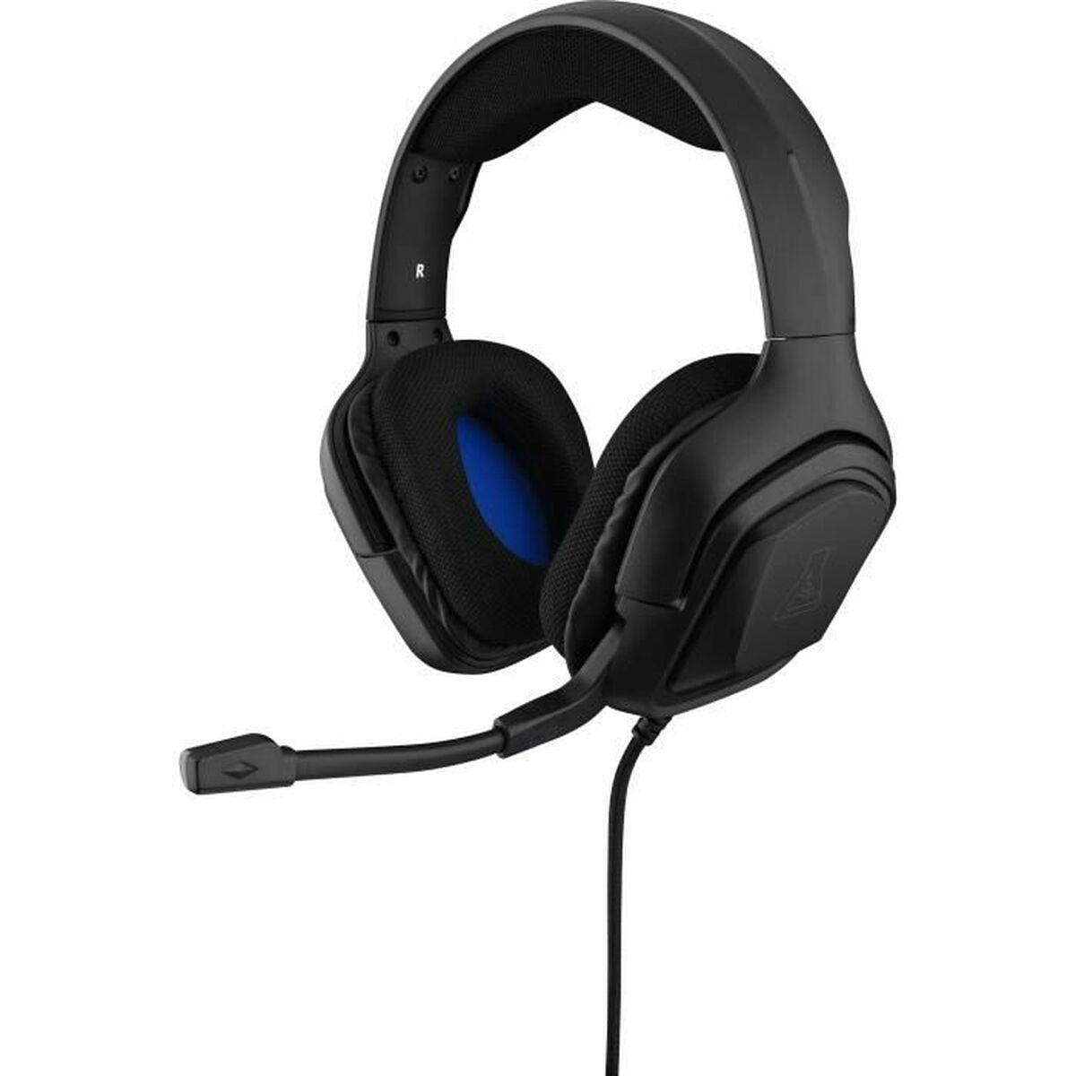 Cuffie da gaming nere con microfono e padiglioni blu.