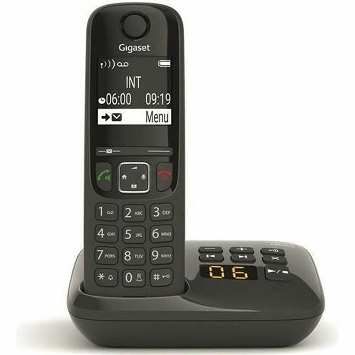 Ein schnurloses Gigaset-Telefon in Schwarz auf einer Ladestation mit beleuchteten Tasten.