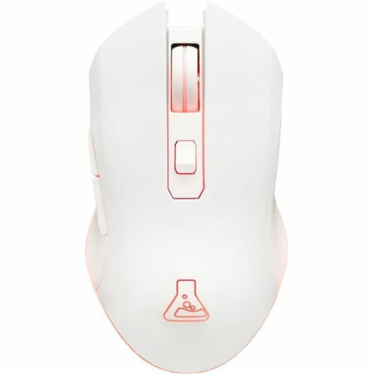 Un ratón blanco para juegos con detalles rosas y un logo de matraz.