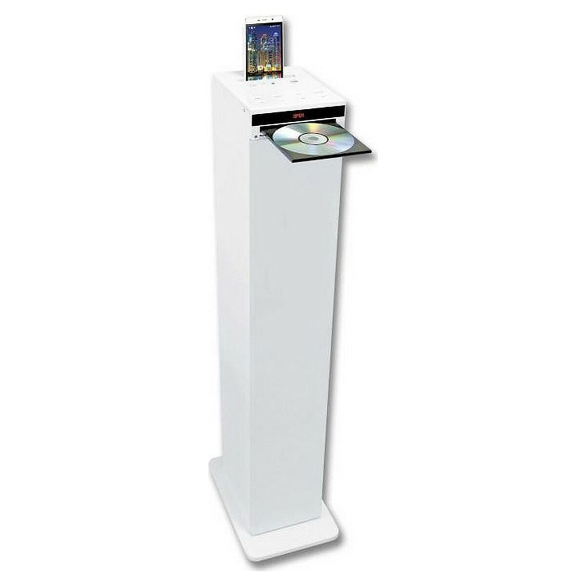Un altoparlante a torre bianco con smartphone e CD parzialmente estratto.