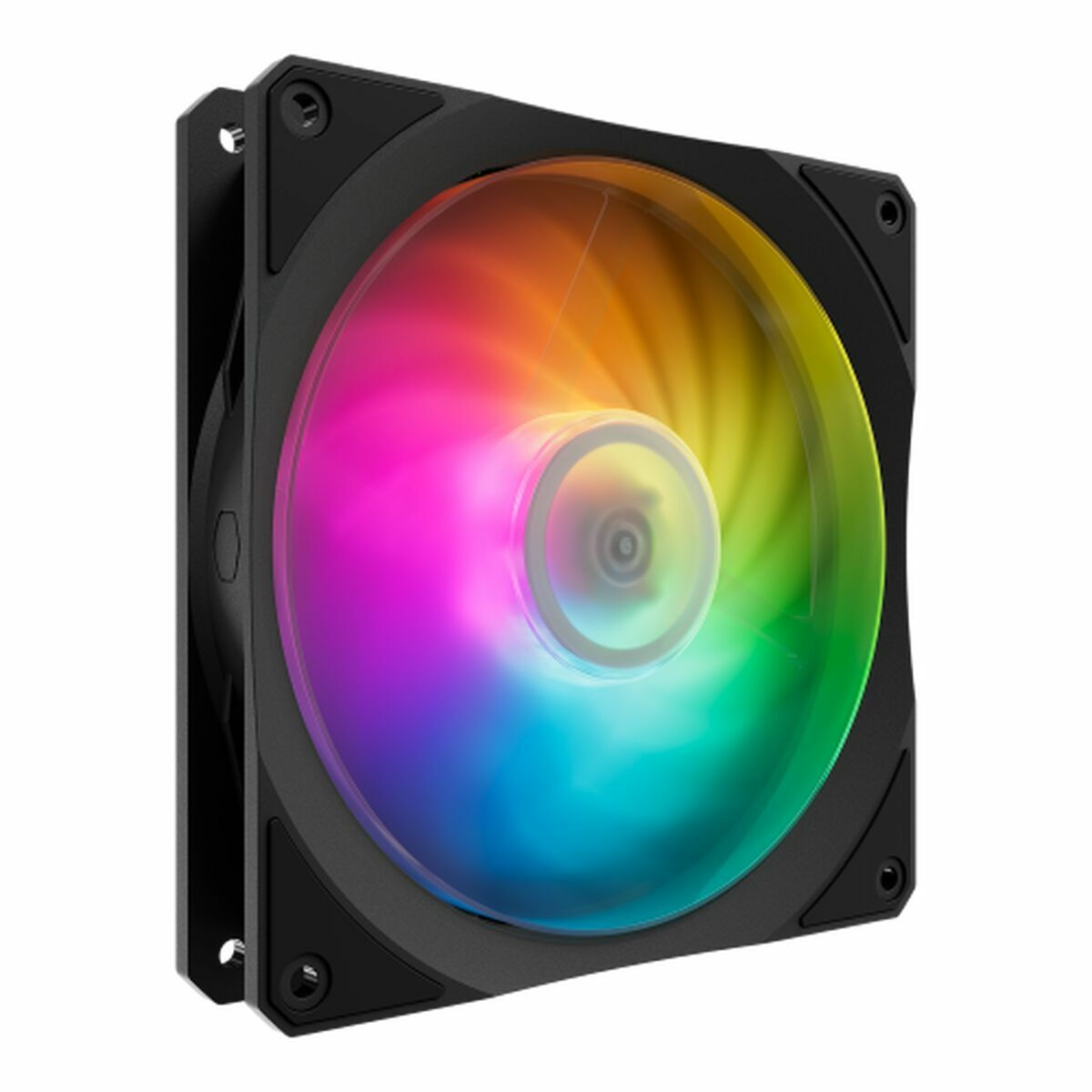 Un ventilador de computadora negro con LEDs RGB coloridos.