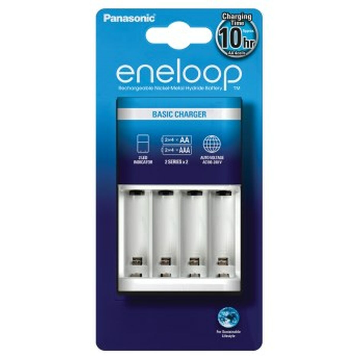 Panasonic eneloop Ladegerät mit 4 weißen AA/AAA Batterien.