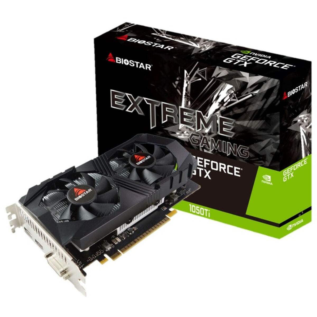 Karta graficzna NVIDIA GeForce GTX 1050Ti i jej czarne opakowanie z zielonymi akcentami.