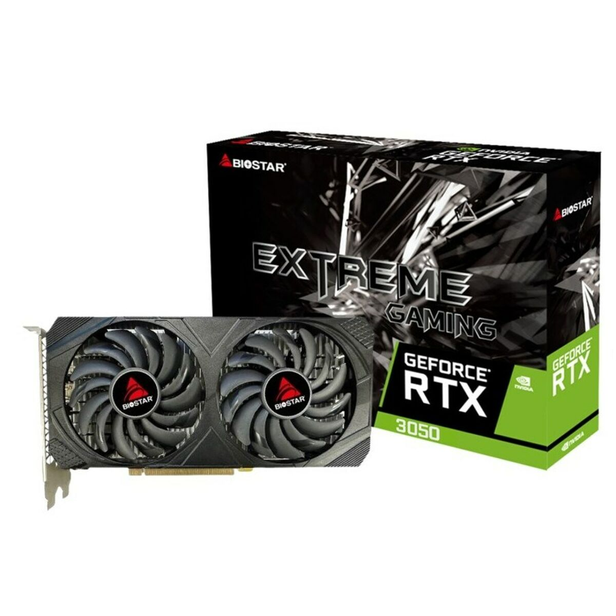 Karta graficzna Biostar RTX 3050 z dwoma wentylatorami i opakowaniem.
