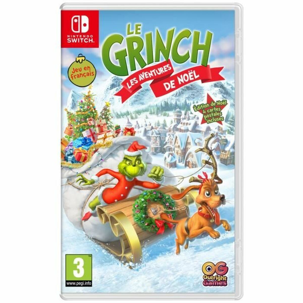 Il Grinch e Max su una slitta davanti a un villaggio innevato, custodia gioco Switch.