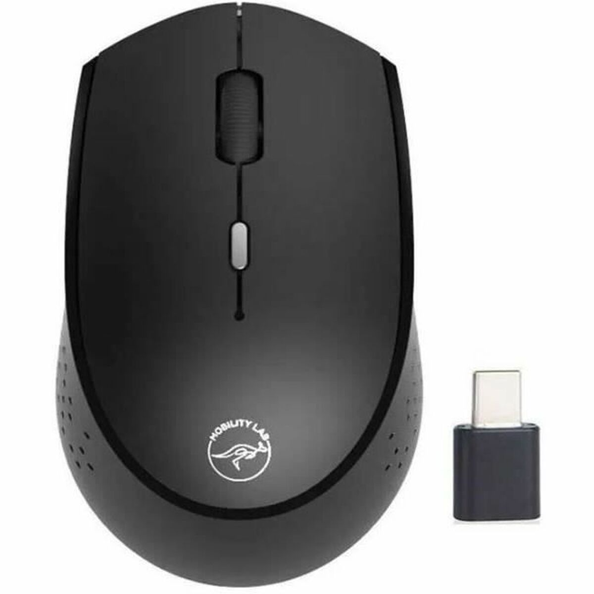 Ratón inalámbrico negro con dongle USB-C sobre fondo blanco.