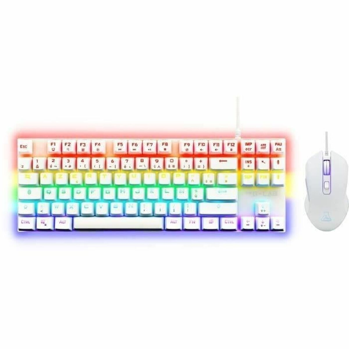 Eine weiße Tastatur mit Regenbogen-RGB-Beleuchtung und einer weißen Maus daneben.