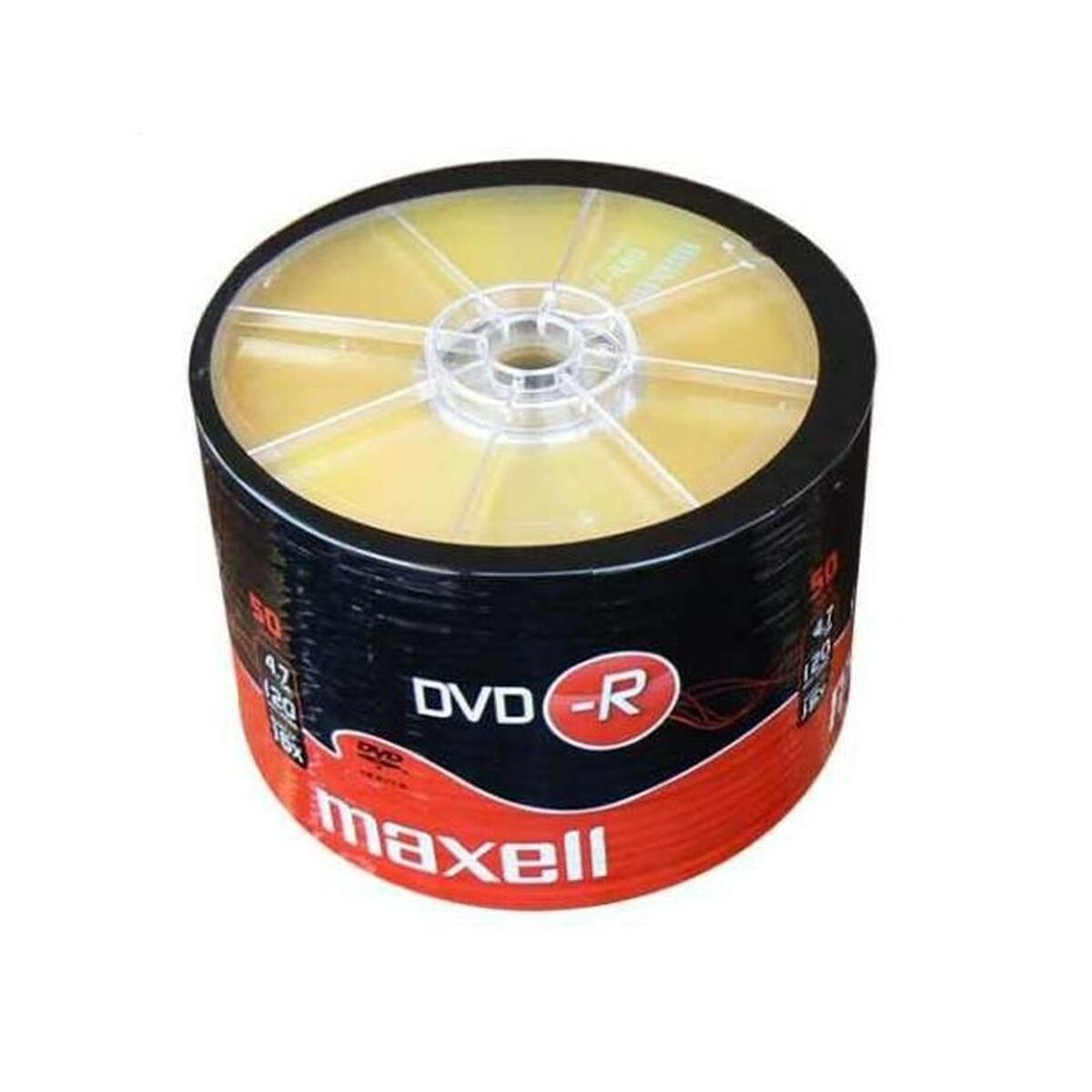 Stapel von Maxell DVD-R Rohlingen mit 50 Discs. Schwarzer Rand, rote Unterseite.