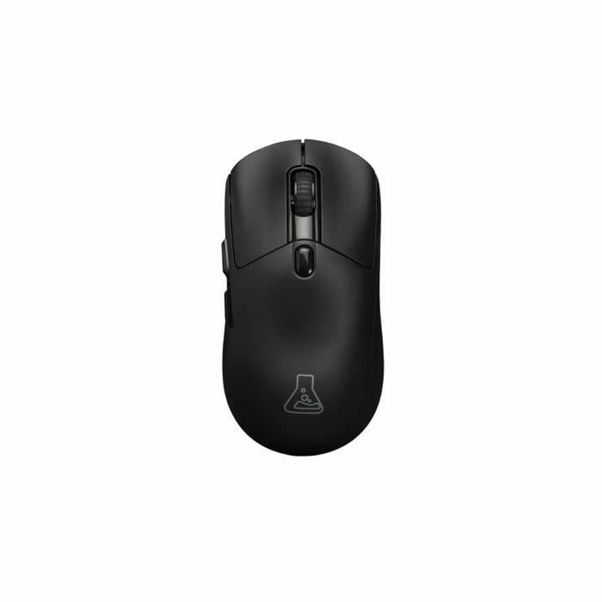 Ratón de ordenador negro con rueda de desplazamiento y logo sobre fondo blanco.