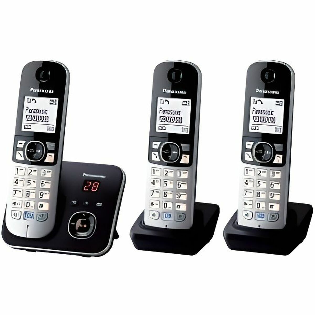 Drei schnurlose Telefone: eins auf schwarzer Basis mit Digitalanzeige, zwei auf schwarzen Halterungen.