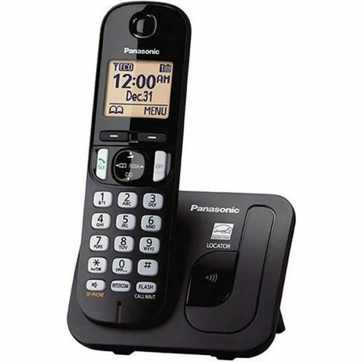 Telefono cordless Panasonic nero su base di ricarica con display.