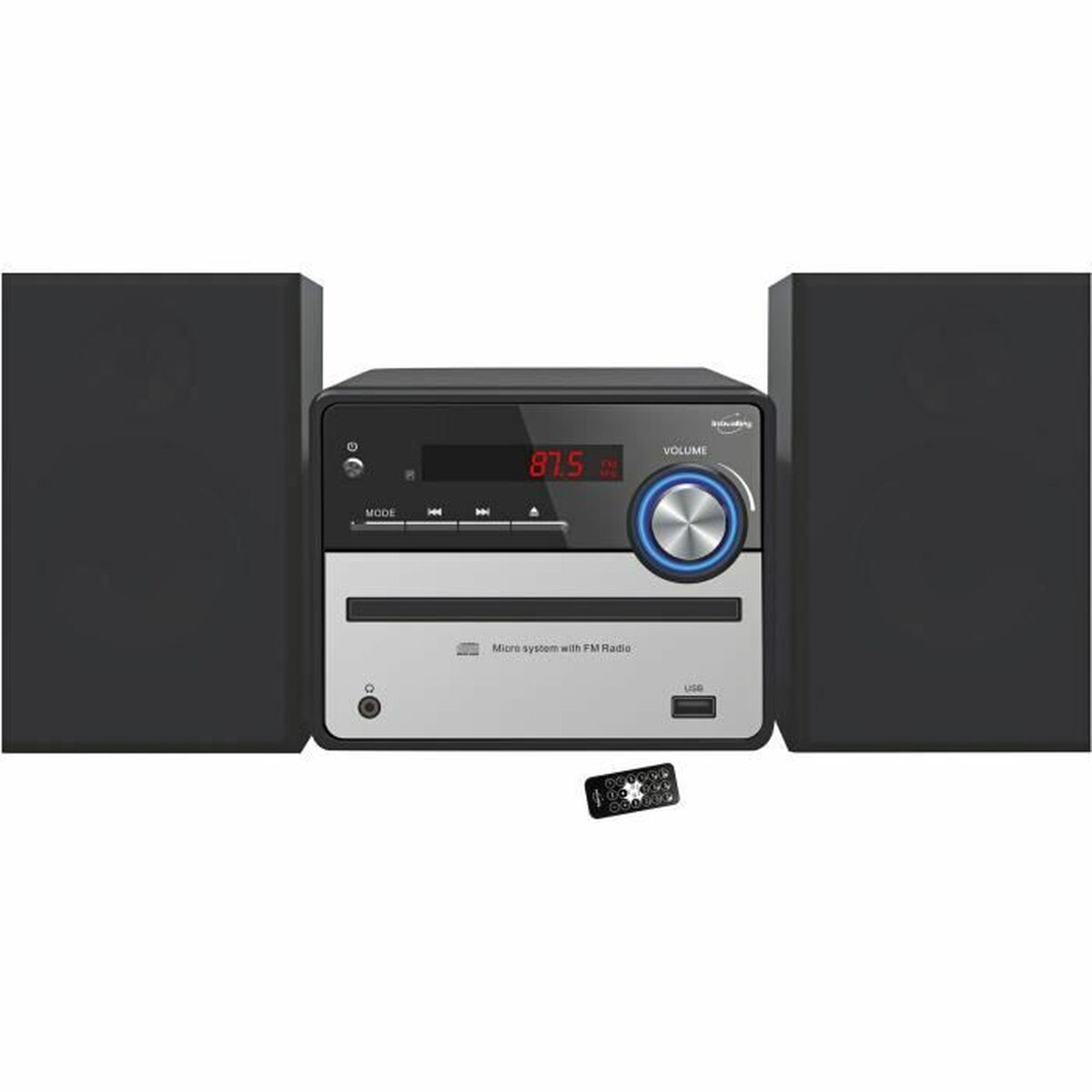 Ein schwarzes Micro-System mit zwei Lautsprechern und Fernbedienung.