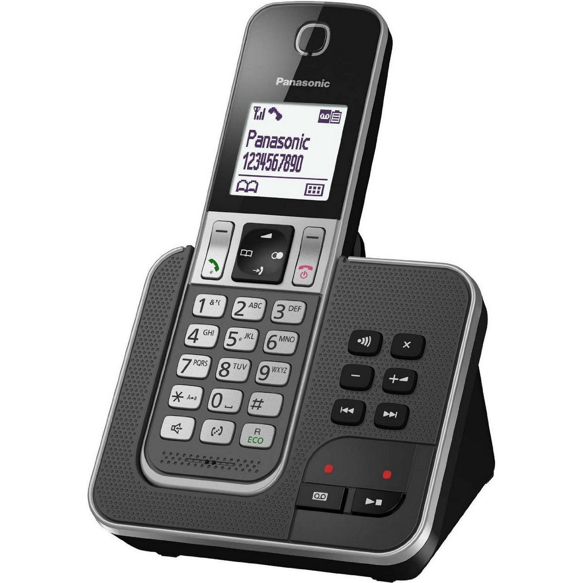 Un telefono cordless Panasonic nero con tastiera argentata è sulla sua base di ricarica.