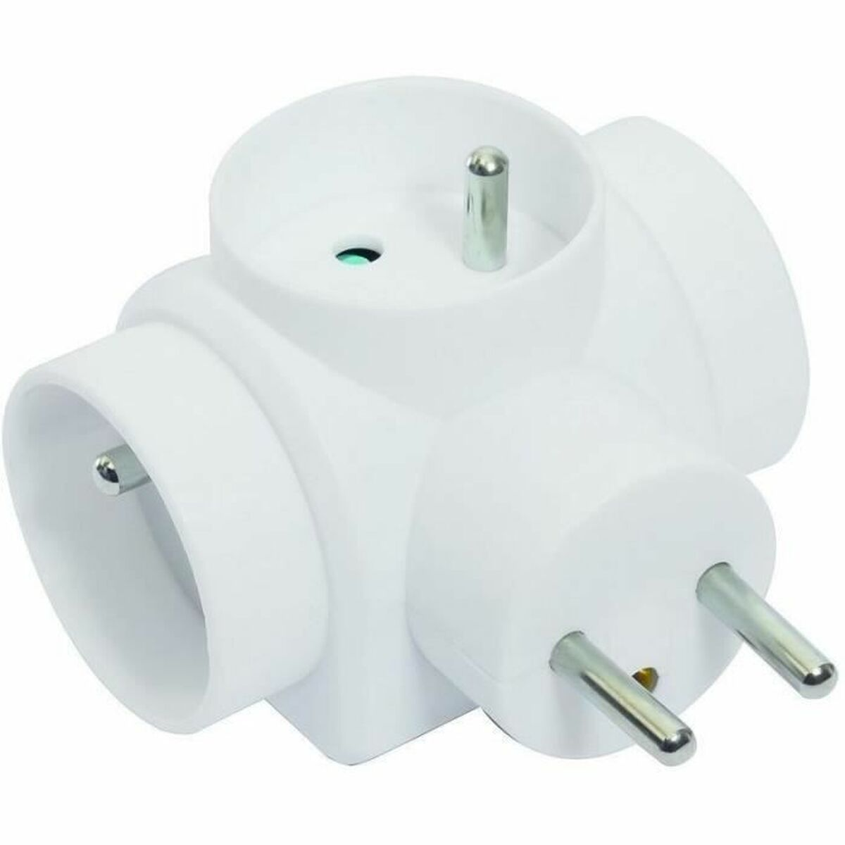 Ein weißer Mehrfachsteckdosenadapter mit drei Steckplätzen und Metallstiften.