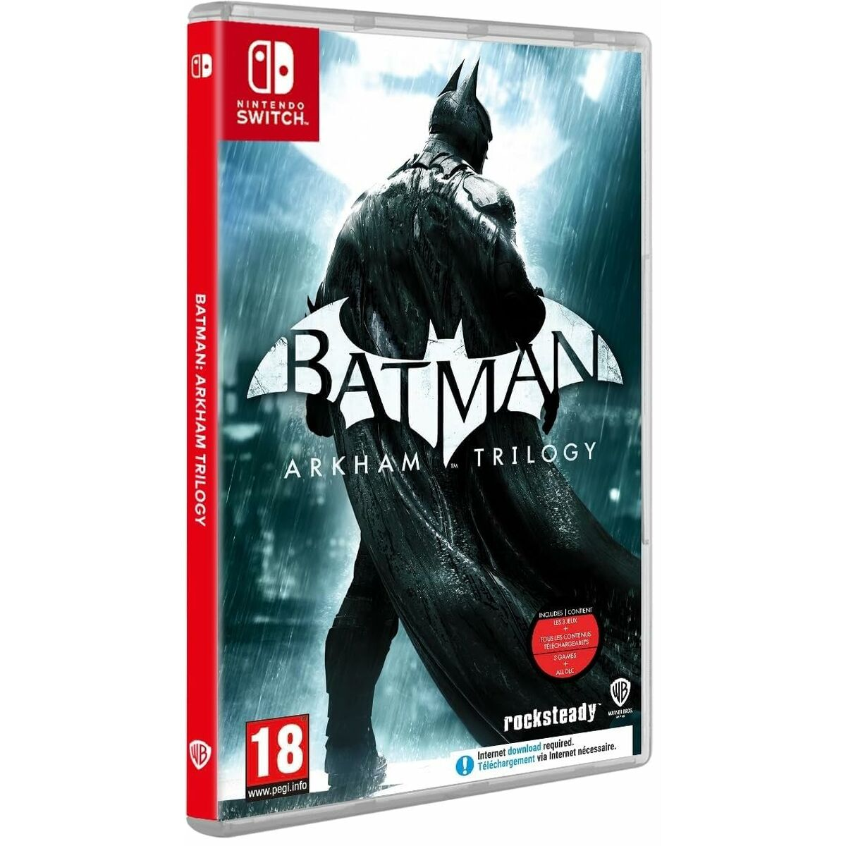 Okładka gry Nintendo Switch Batman Arkham Trilogy z Batmanem w deszczu.