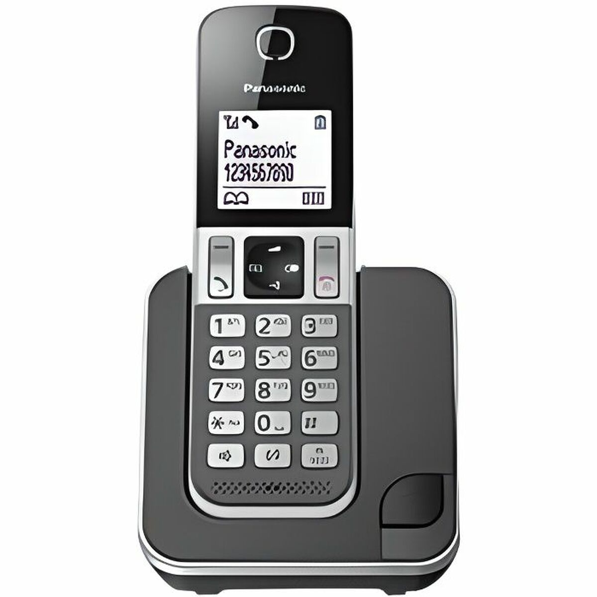 Ein schwarzes Panasonic-Schnurlostelefon auf einer Ladestation.