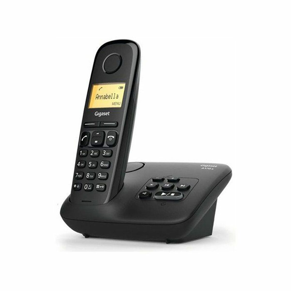 Un telefono cordless Gigaset nero con la sua cornetta sulla base di ricarica.