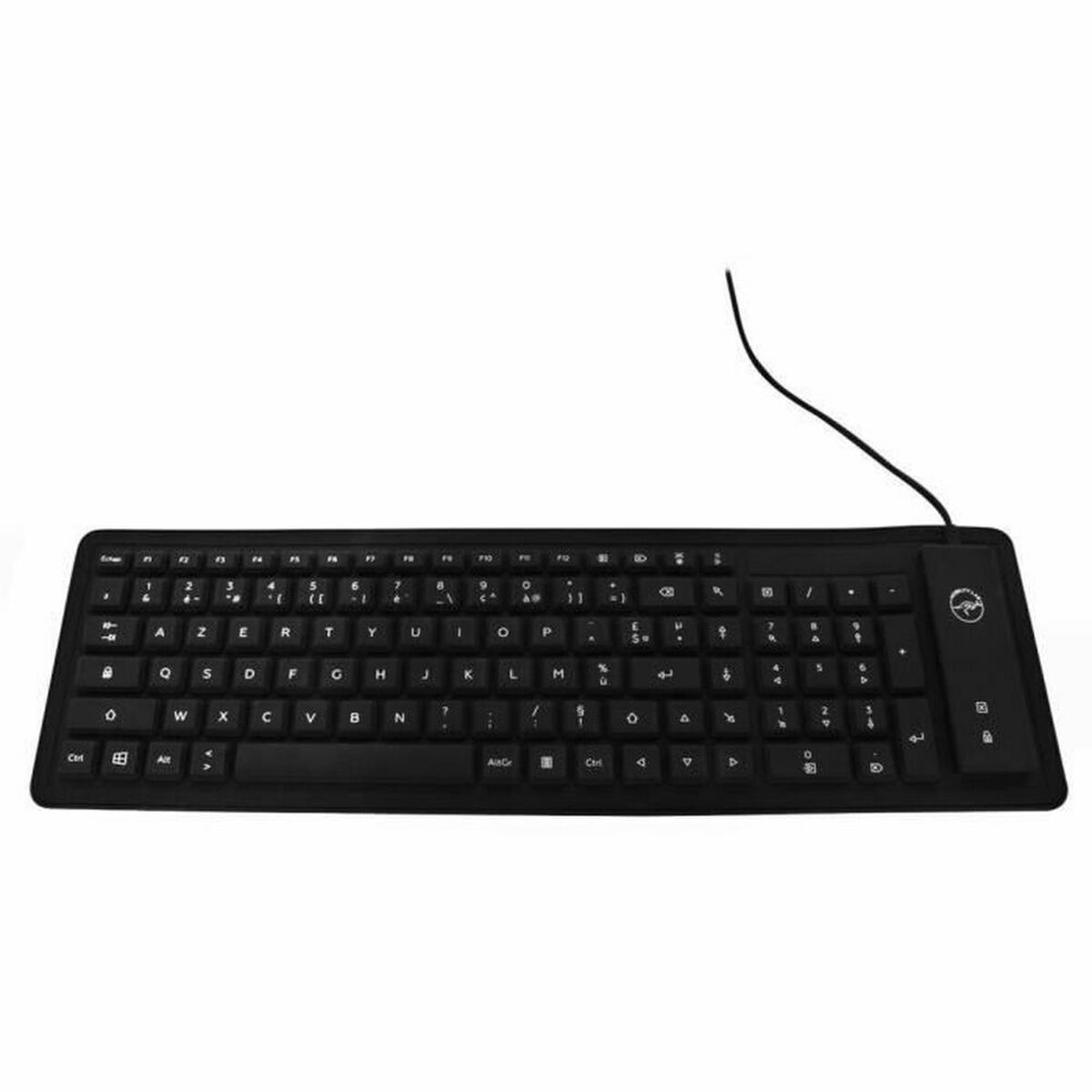 Un teclado de computadora negro y flexible con un cable sobre fondo blanco.