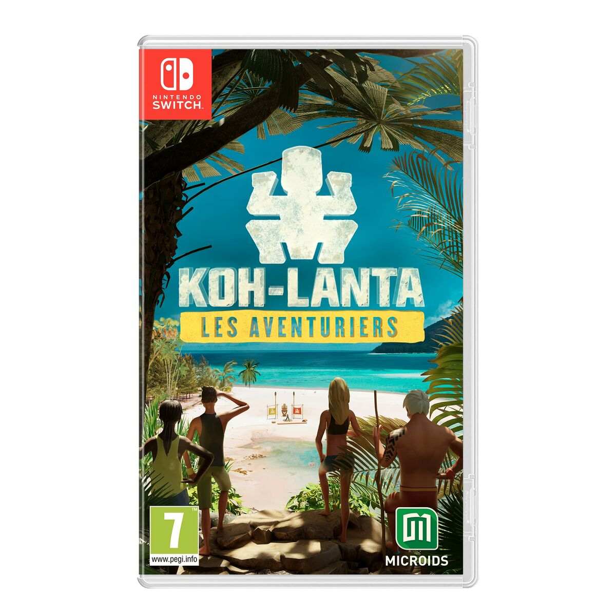 Copertina del gioco: Quattro persone davanti a uno sfondo tropicale con il titolo 'Koh-Lanta'.