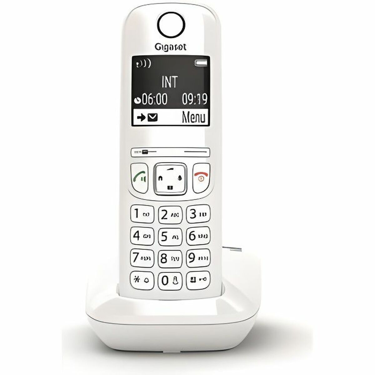 Ein weißes Gigaset-Schnurlostelefon mit Tastatur und Display auf einer Ladestation.