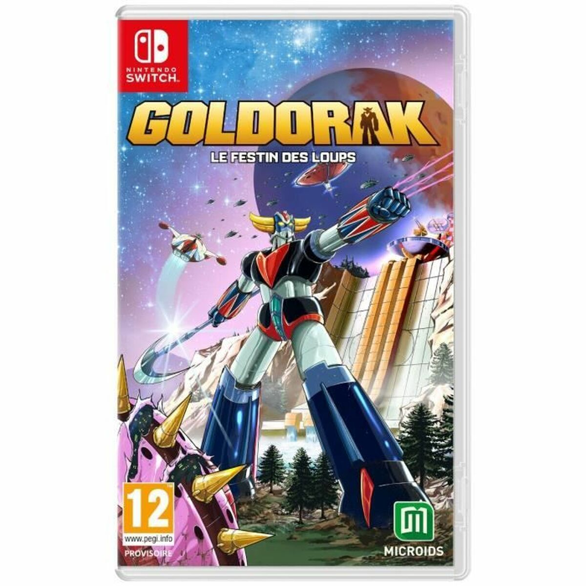 Custodia gioco Goldorak: Robot combatte davanti a città futuristica sotto cielo stellato.