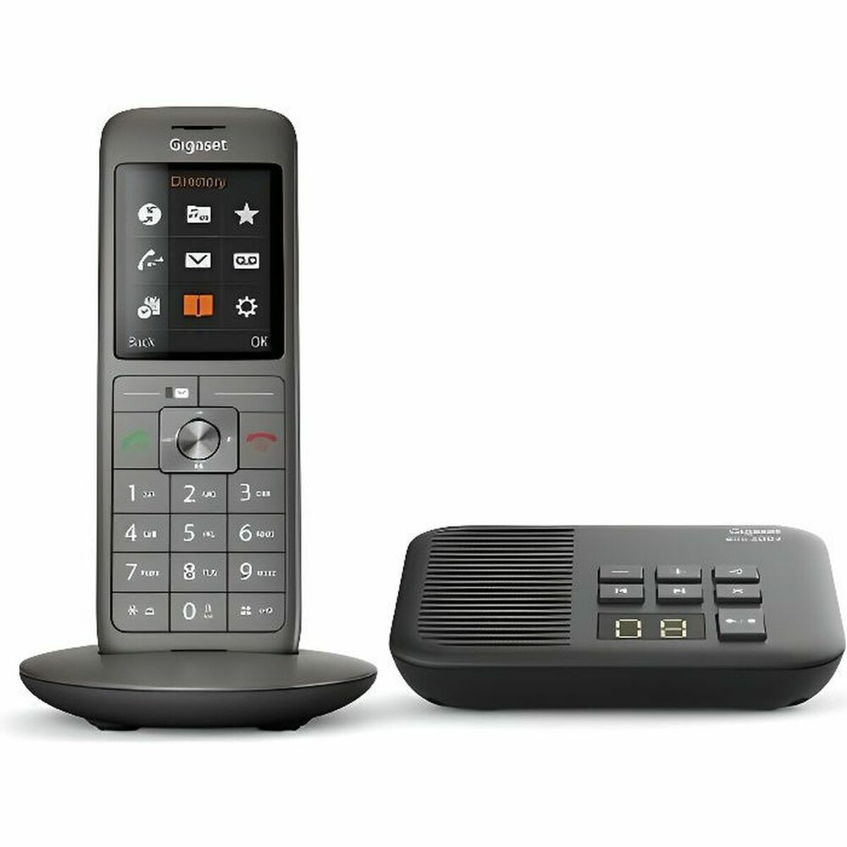 Un telefono cordless grigio con base e portatile su sfondo bianco.