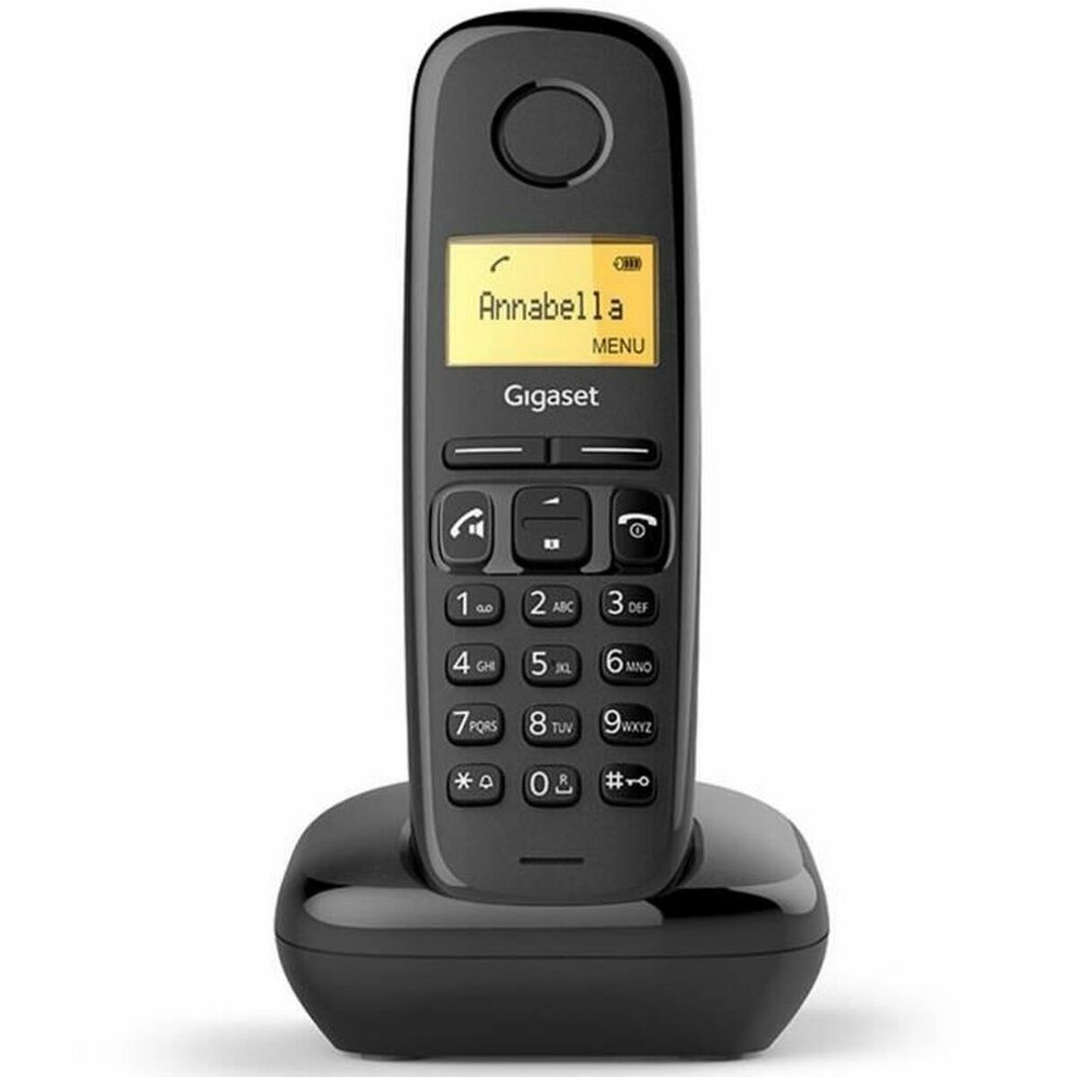 Ein schwarzes Schnurlostelefon von Gigaset mit einem gelben Display, auf dem 'Annabella' steht.