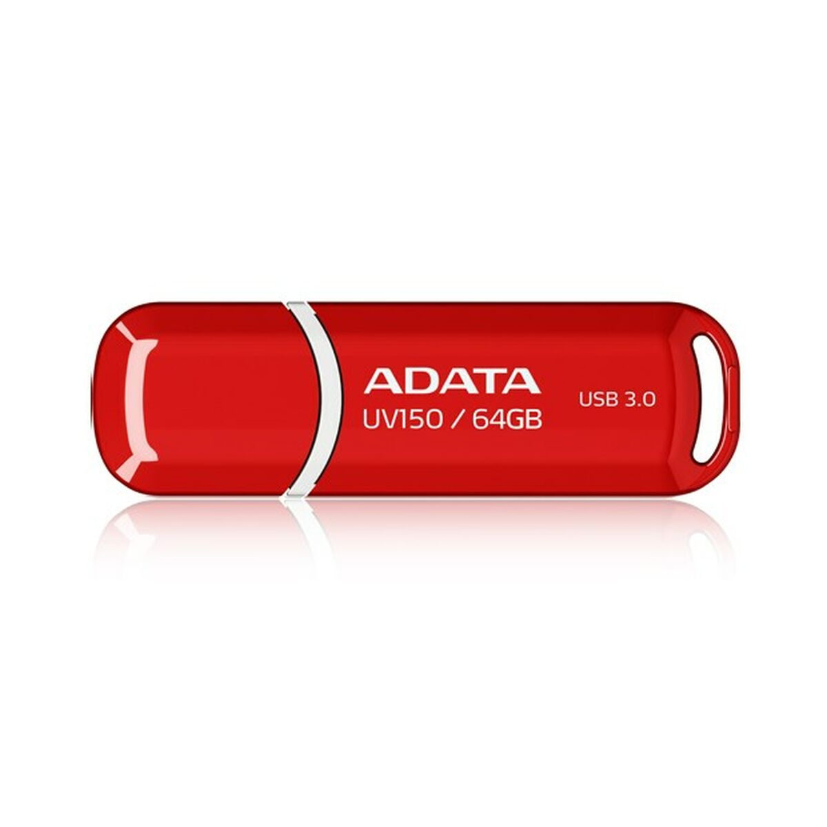 Een rode ADATA UV150 64GB USB 3.0 flashdrive met witte streep.