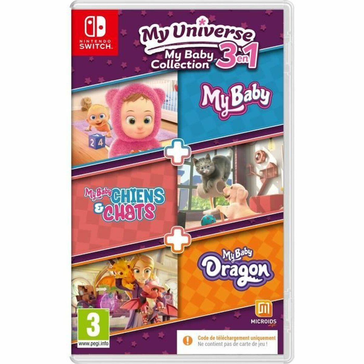 Nintendo Switch Spielcover mit Baby- und Drachenspielen.