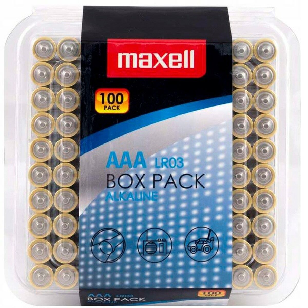 Baterie Maxell AAA LR03 alkaliczne, opakowanie 100 sztuk w przezroczystej obudowie.