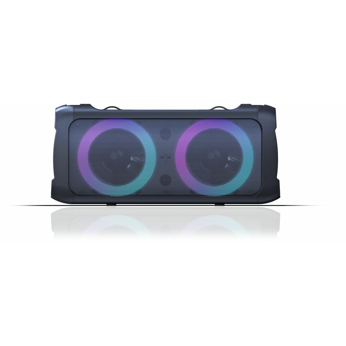 Un altoparlante Bluetooth nero con due luci circolari viola e turchese.