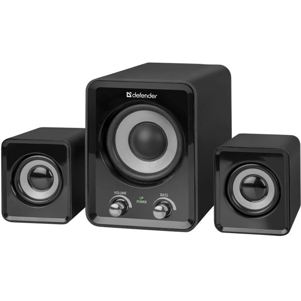 Schwarzes 2.1 Lautsprechersystem mit zwei Satelliten und einem Subwoofer.