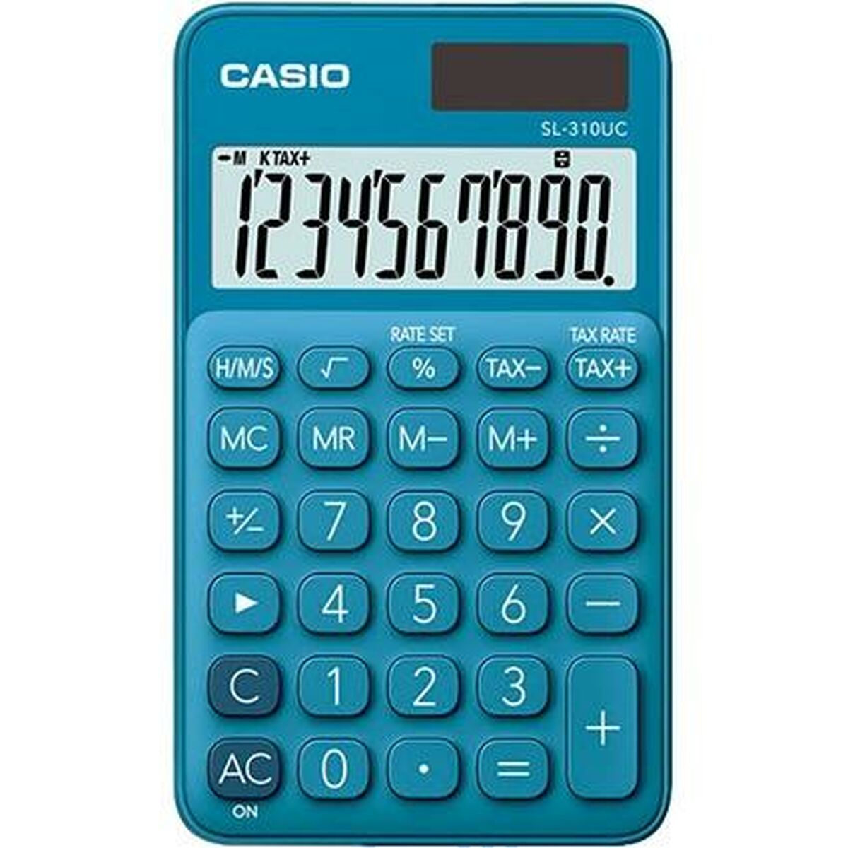Turkusowy kalkulator Casio SL-310UC z dużym wyświetlaczem cyfrowym pokazującym 1234567890.