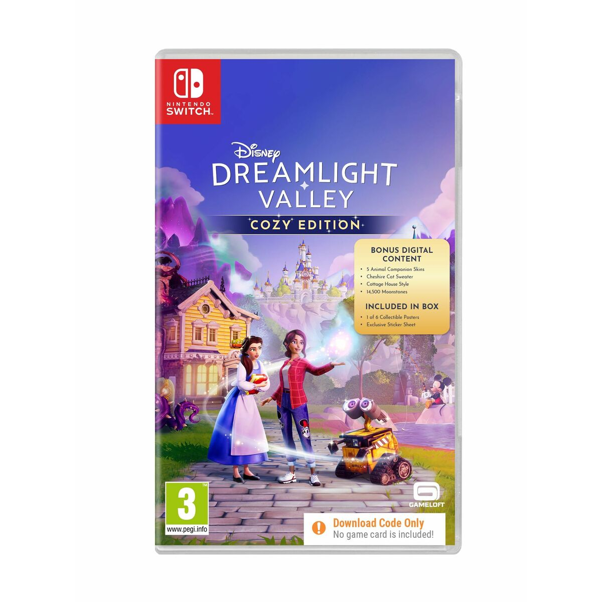 Pudełko Nintendo Switch do Disney Dreamlight Valley Cozy Edition z postaciami i zamkiem.