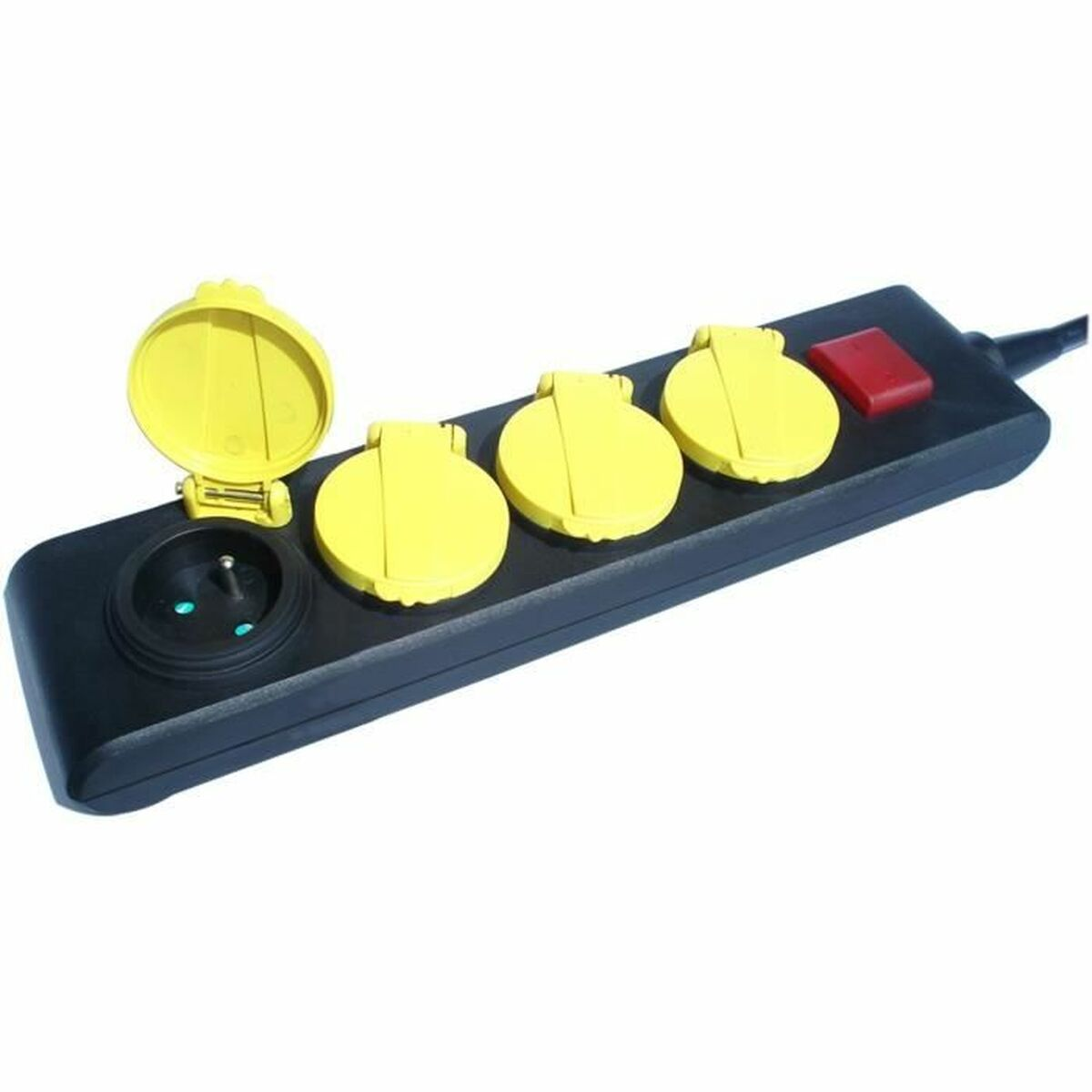 Multipresa nera con quattro coperture gialle a ribalta e un interruttore rosso.