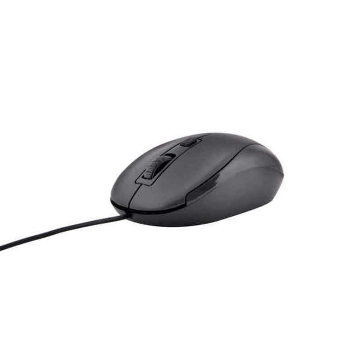 A dark computer mouse with a cord and scroll wheel on a white background.