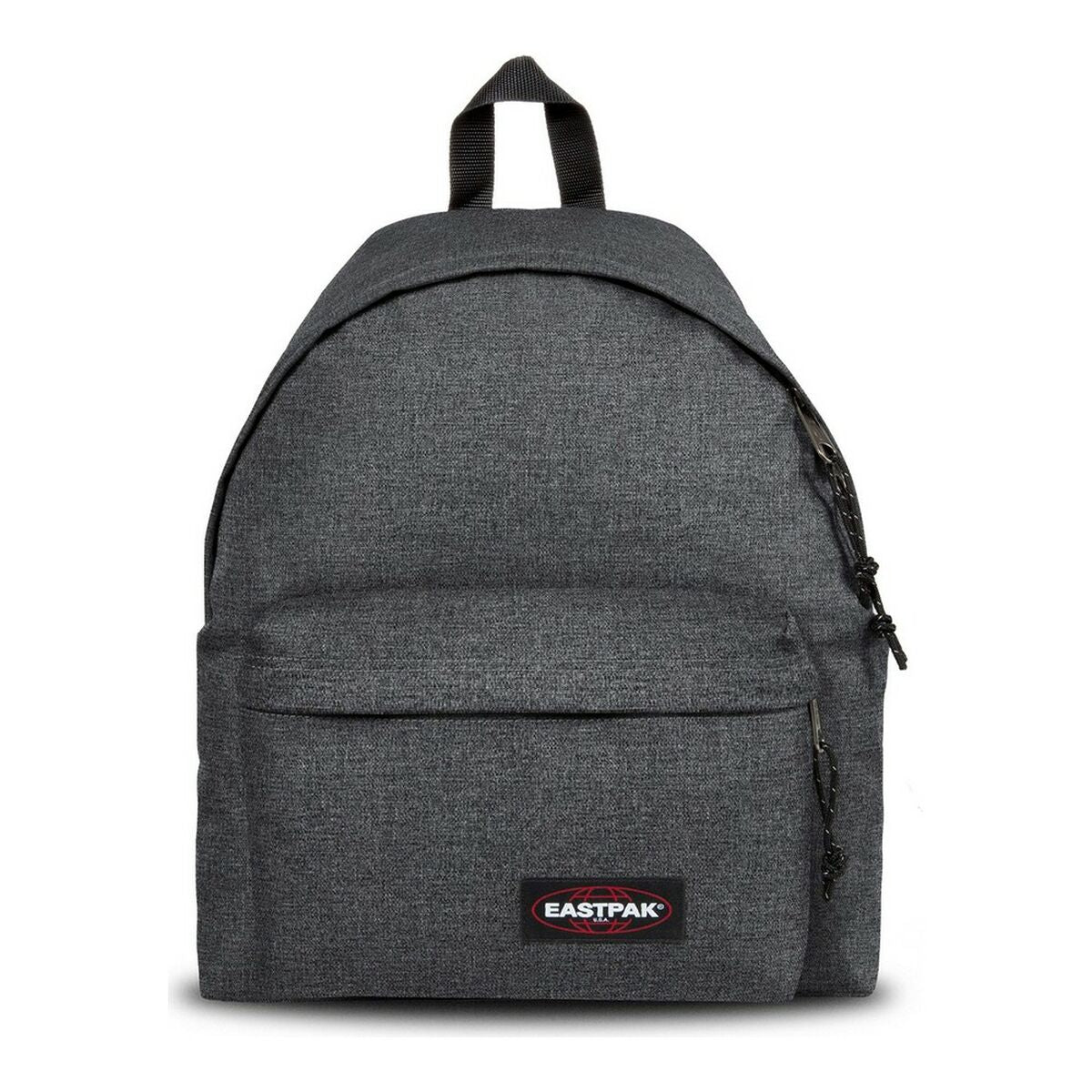 Ein dunkelgrauer Eastpak-Rucksack mit Fronttasche mit Reißverschluss und gepolsterten Trägern.