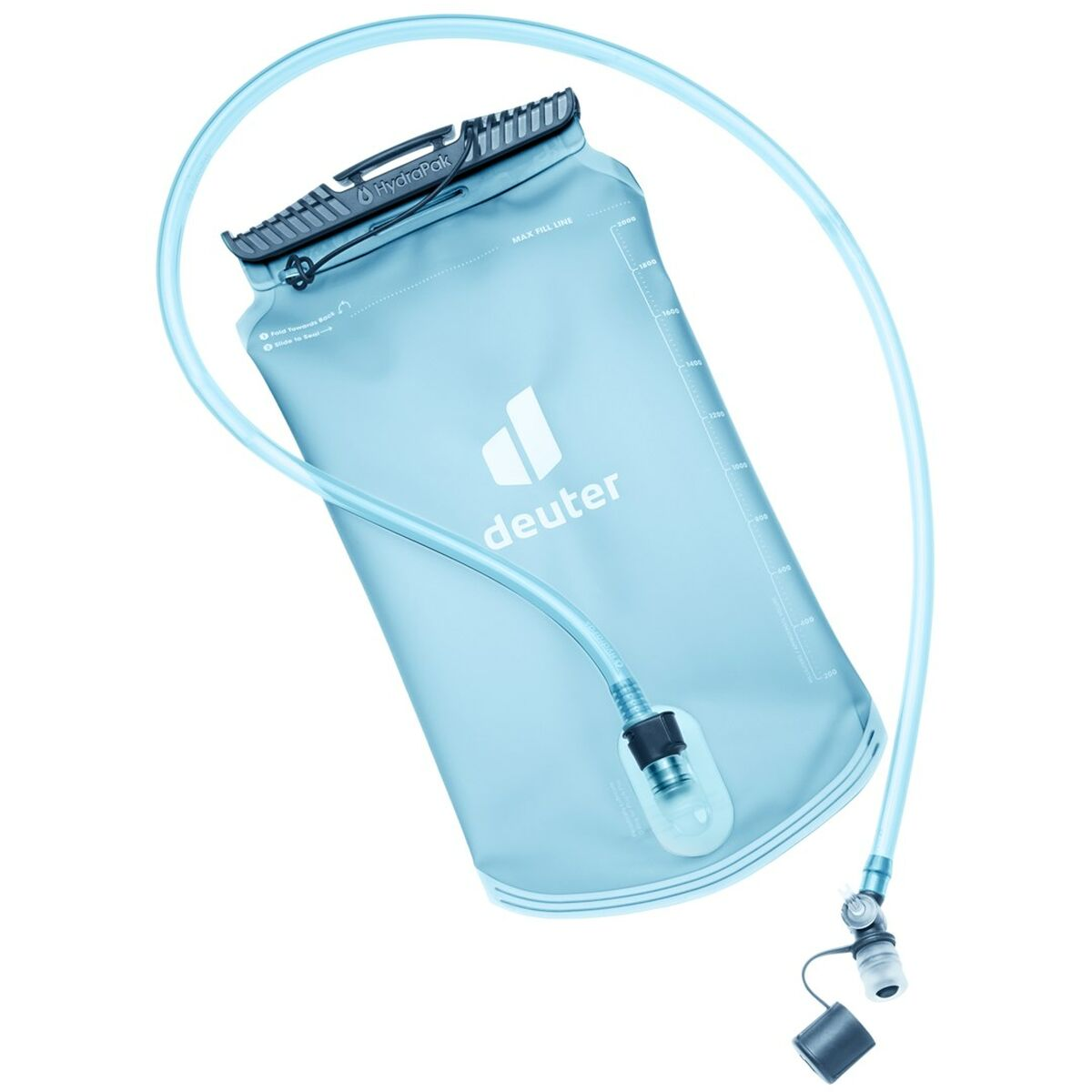 Hellblaue Trinkblase von Deuter mit Schlauch und Beißventil, auf weißem Hintergrund.