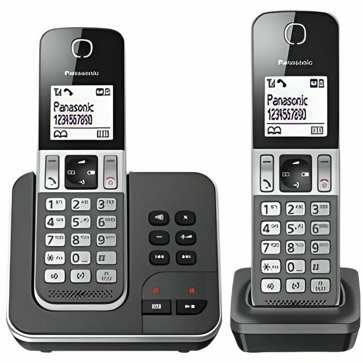 Zwei schnurlose Panasonic-Telefone. Eines auf einer Basis, eines im Ladegerät. Weißer Hintergrund.