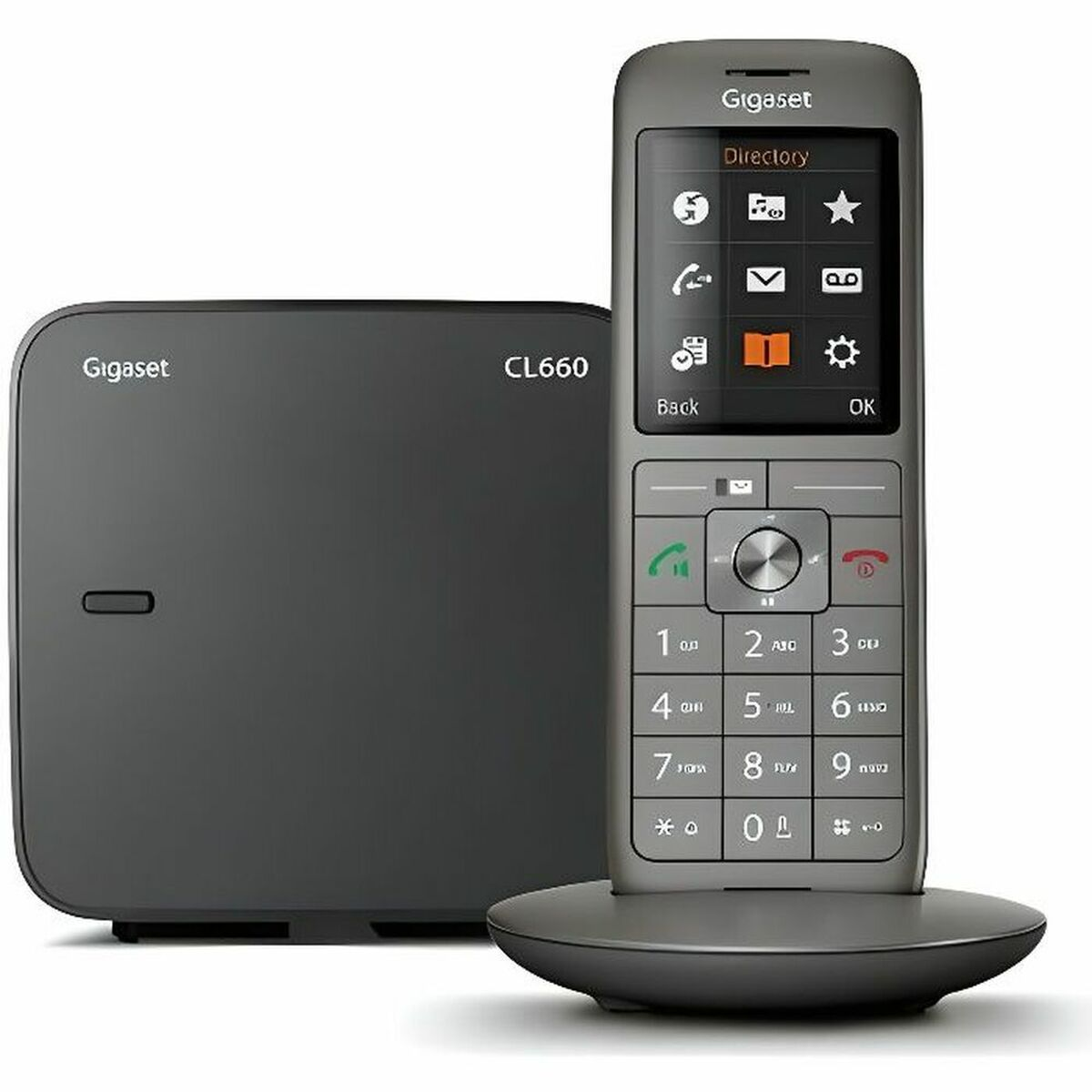 Ein graues Gigaset Schnurlostelefon CL660 mit Basisstation.