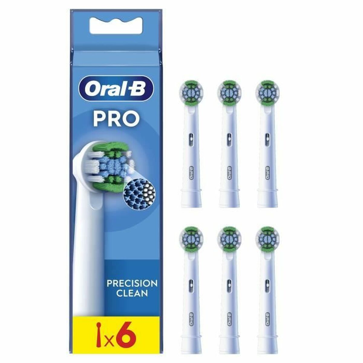 Oral-B PRO Precision Clean Zahnbürstenköpfe in blauer Verpackung, 6 Köpfe gezeigt.