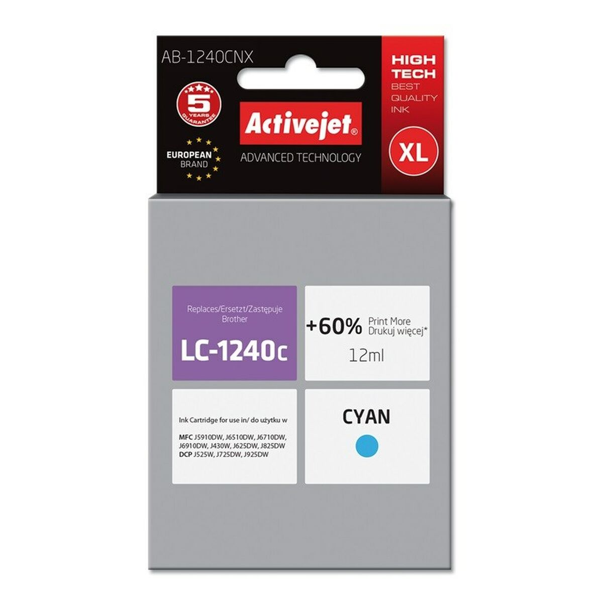 Cartucho tinta ActiveJet LC-1240c Cian XL, 5 años garantía, 12ml.