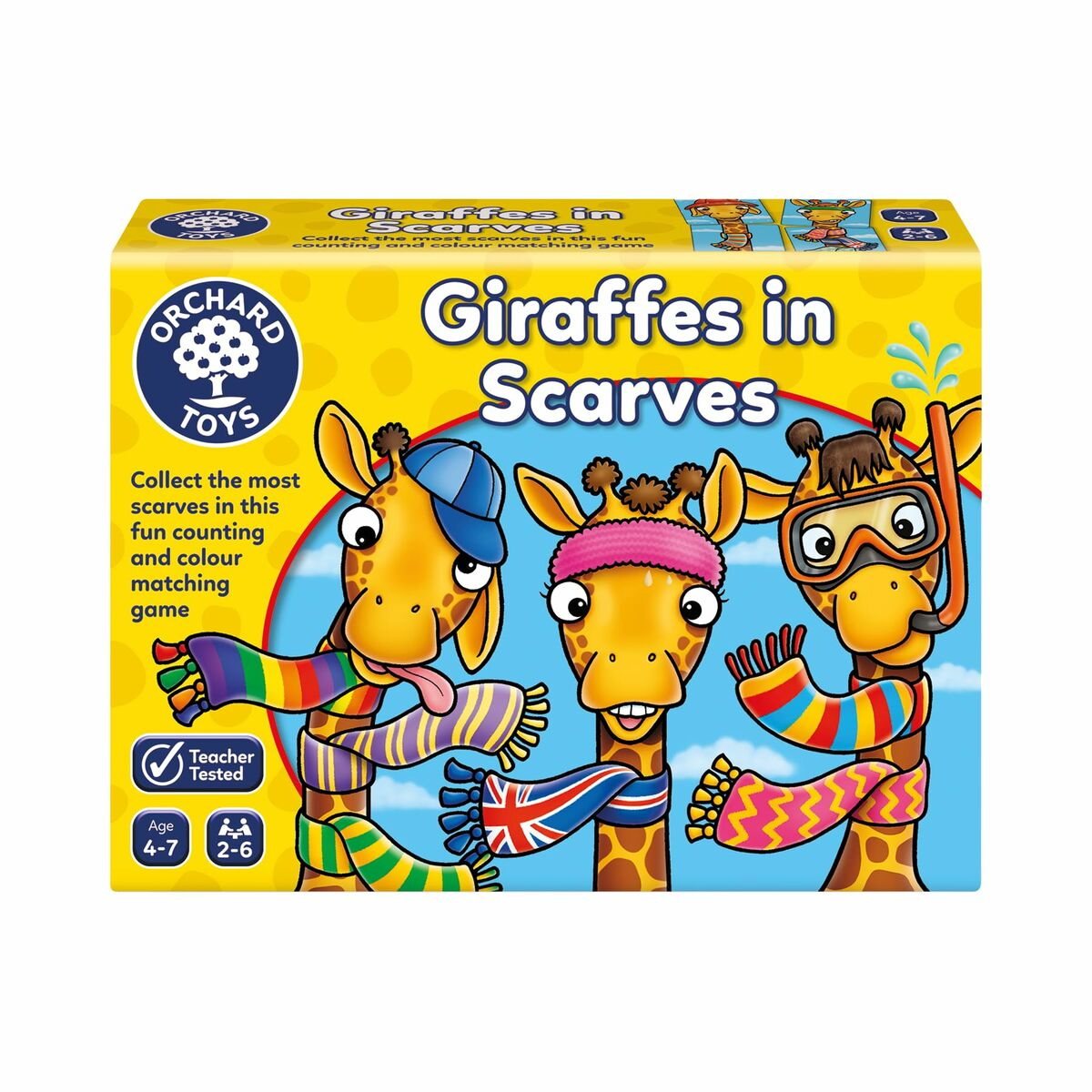 La scatola del gioco "Giraffe in Sciarpe" mostra tre giraffe dei cartoni animati con sciarpe.