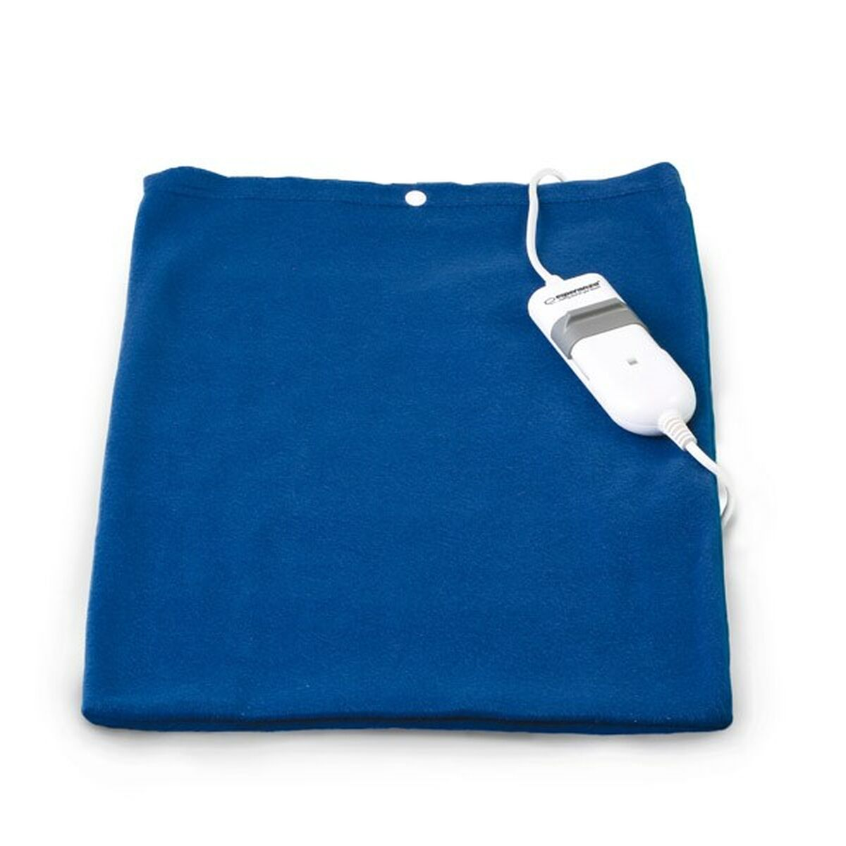 Ein blaues Heizkissen mit weißem Kabel und Steuerung.