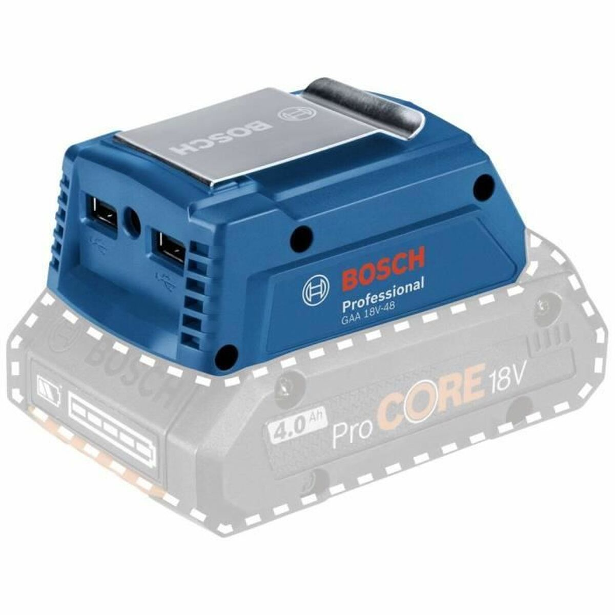 USB bağlantı noktalarına sahip mavi Bosch ProCore 18V pil adaptörü.