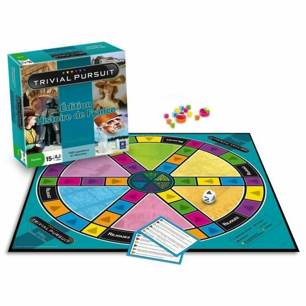 Trivial Pursuit Frankrijk Editie bordspel met doos, dobbelstenen en pionnen.