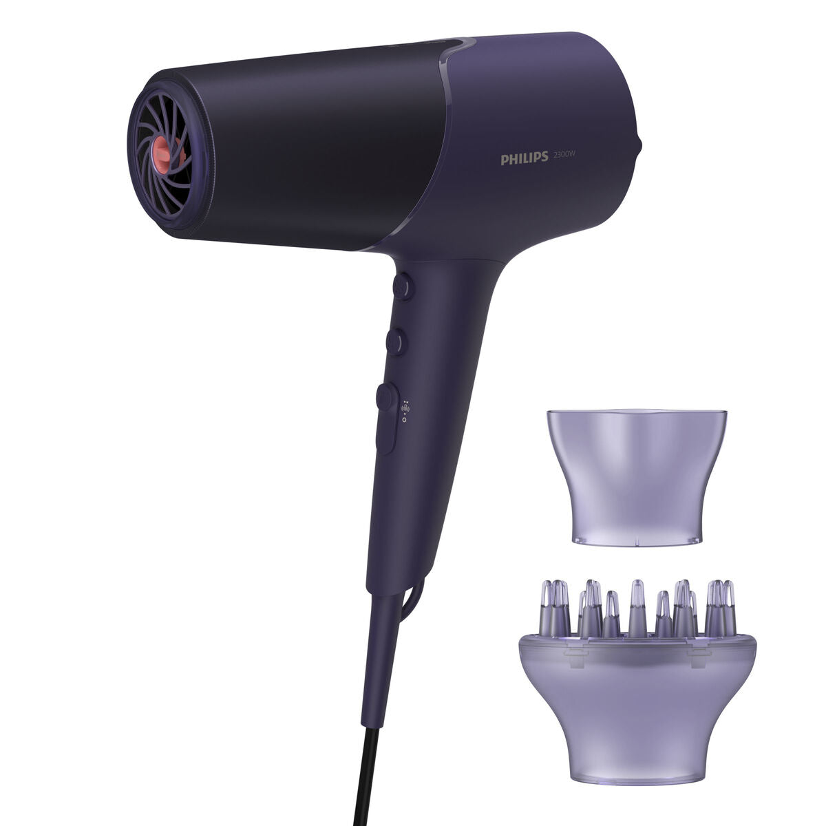 Ciemnofioletowa suszarka do włosów Philips z dwoma nasadkami.